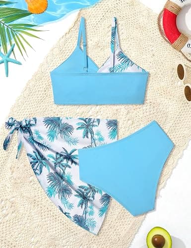Girls Swimsuit, Bathing Suits 3 Piece Tropical Floral Twist Cross Bikini Sets Girls' Swimwear with Cover Up Skirt 7-16T thumbnail 6