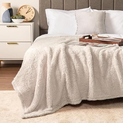 PAVILIA Sherpa Throw Blanket for Couch Sofa, Cream Beige Fluffy Warm Plush Blanket for Bed, Cozy Super Soft Lightweight Throw, Fuzzy Decorative Blanket, All Season Home, 50x60 thumbnail 7