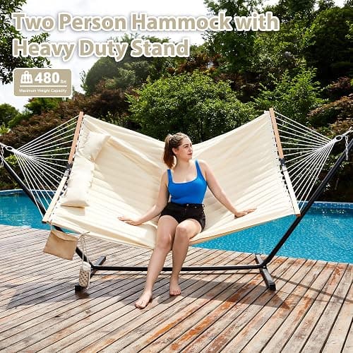 Homgava Two Person Hammock with Stand for Outside Heavy Duty, Outdoor Patio Hammock with Portable Steel Stand, Large Double Hammocks,480lbs Capacity.(Off White) thumbnail 4