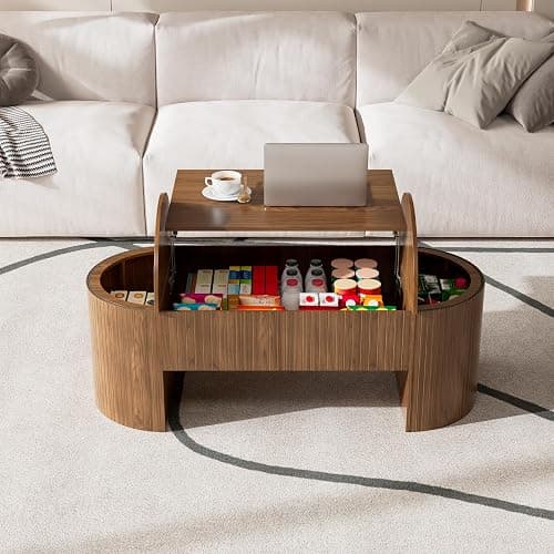 Lift Top Coffee Table with Hidden Storage, 47 Inch Oval Mid Century Modern Coffee Table with Lifting Top for Living Room, Large Wooden Center Table for Home Office (Walnut) thumbnail 6