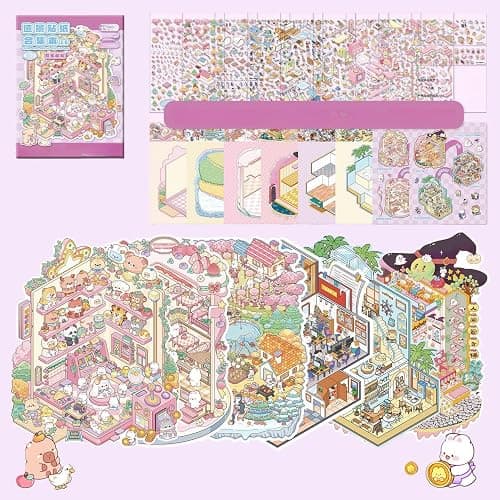 3D Sticker Scene Book,Miniature Craft Kit with 9 Sticker Sheets & 6 Cozy Room Cards for Kids and Adults DIY - Image 1