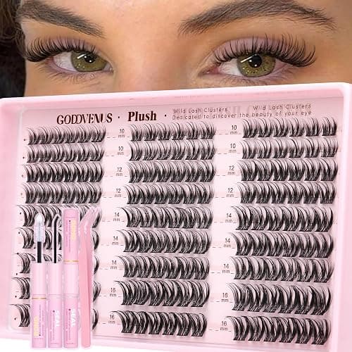 Goddvenus Plush Lash Clusters Kit, Natural Wispy Cluster Eyelash Extensions, Fluffy DIY Lash Extension at Home for Natural Look, D Curl Individual Lashes Kit with Waterproof Bond and Seal - Image 1