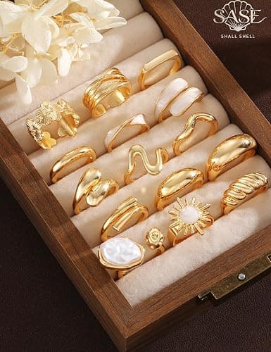 Shall Shell 15 Pcs Chunky Gold Rings for Women, Stackable Statement Rings Pack, Gold Baroque Pearl Rings Open Adjustable Stacking Knuckles Rings Set, Trendy Stuff Jewelry Gift thumbnail 8