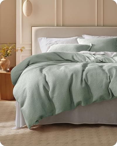 Bedsure Cotton Duvet Cover Queen - 100% Cotton Waffle Weave Sage Green Duvet Cover Queen Size, GentleSoft™ and Breathable Bedding Set for All Season, 3 Pieces, 90"x90" - Image 1