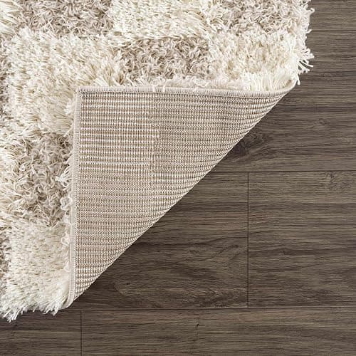 Hauteloom Marshmallow Modern Checkered Shag Area Rug - High Pile Fluffy Shaggy Carpet for Kids Room, Nursery, Living Room, Bedroom - Beige, Cream, White - 6'7" X 9'6" (6x9) thumbnail 4