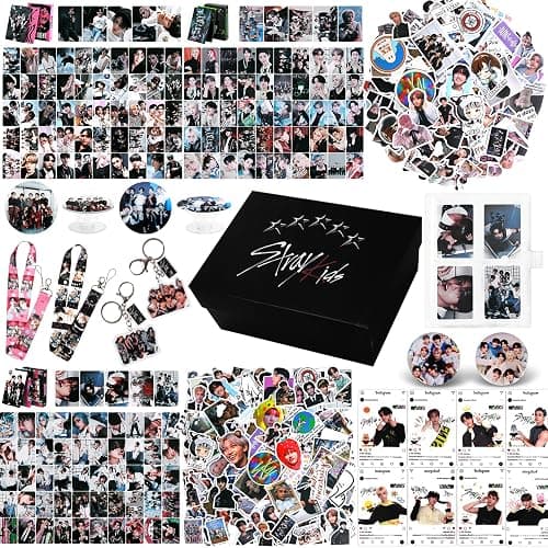 Stray Kids Merch Gift Box Set Including Photocard Holder, 3 Styles 165 Postcards, 200 Stickers, 8 Transparent Cards, 2 Keychain, 2 Lanyards, 2 Badges and Phone Ring Holder for Fans Women - Image 1