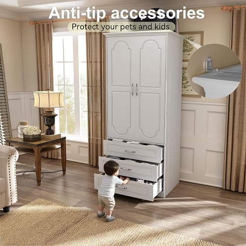 FJTJBSI Armoire Wardrobe Closet with 3 Drawers and LED Light 72" Wooden Bedroom Armoire with 2 Doors and Retro Ceramic Door Handles Modern Wardrobe Cabinet with Removable Hanging Rod White thumbnail 7