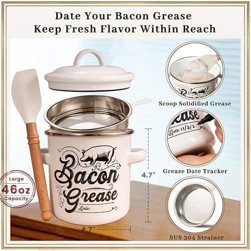 Ayerphalo Bacon Grease Container with Strainer - 46OZ Large Capacity, With Silicone Wooden Spatula, Enamel Bacon Grease Keeper for Bacon Drippings, Farmhouse Kitchen Decor, Dishwasher Safe thumbnail 4