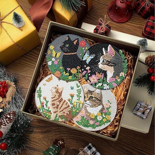 KYOQFVN 8 Pcs Cat Diamond Art Coasters Kit for Adults Beginners - Diamond Painting Coasters with Holde, DIY Cat and Flowers Gem Art Dots Paintings for Home Decor thumbnail 6