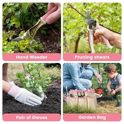 Garden Tools, 8 Piece Gardening Tools with Bag, Heavy Duty Stainless Steel Garden Tools Set, Outdoor Hand Tools, Ideal Garden Tool Kit Gifts for Women Pink. thumbnail 5
