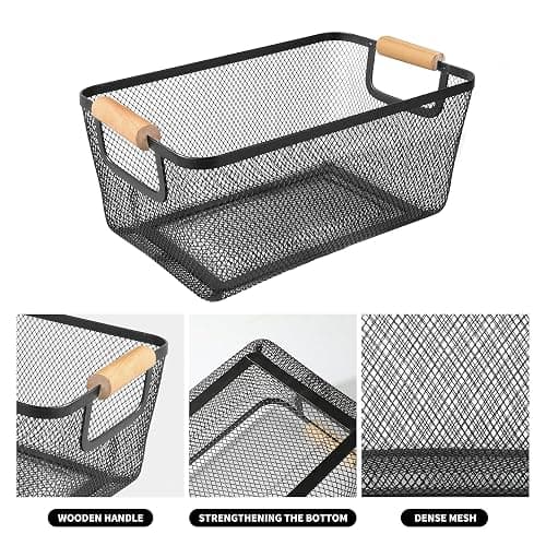 2 Pack 12" Wide Metal Mesh Baskets with Bamboo Handles for Pantry Organization | Wire Storage Bins for Kitchen, Cabinet, Fruit & Snacks | Decorative Farmhouse Style Organizer thumbnail 4