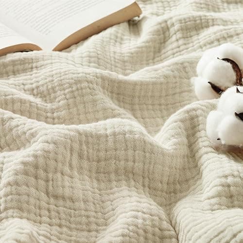 Bedsure 100% Cotton Muslin Blankets for Adults Large Throw 50x70 Inches - 4-Layer Breathable and Lightweight, Soft Boho Gauze Muslin Cotton Blanket for Couch Decor Travel Summer, Linen Beige - Image 1
