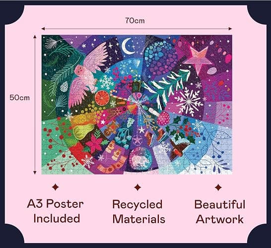 Elena Essex 'Winter Wheel' Puzzle for Adults 1000 Pieces, Christmas Puzzle 28" x 20", illustratded by Elena Essex, Thick & Sturdy Pieces, Challenging Activity for Adults, Unique Idea! thumbnail 3