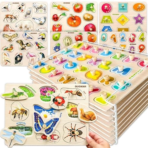 QUOKKA 8 Wooden Puzzles for Toddlers 1-3 - Toddler Montessori Puzzles Ages 2-4 in a Rack - Learning Alphabet, Numbers and Animals Toy for Kids 3-5 - Wood Games Gift for Boys and Girls - Image 1