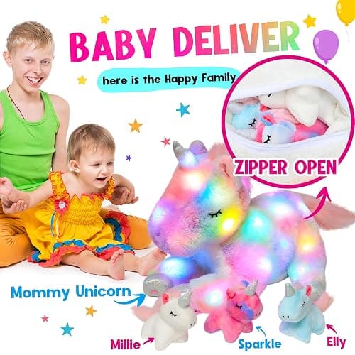 Hopearl LED Plush Unicorn Lighting Up Stuffed Mommy Unicorn with 3 Baby Unicorns in her Tummy Stuffed Animal Playset Night Lights Glow in The Dark for Mom Toddler Girls, Rainbow, 19'' thumbnail 5