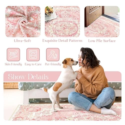 Castage Boho Washable Area Rug 3x5, Vintage Floral Low Pile Non Slip Rug for Bedroom Living Room Entryway, Soft Farmhouse Decorative Carpet,Blush Pink thumbnail 6