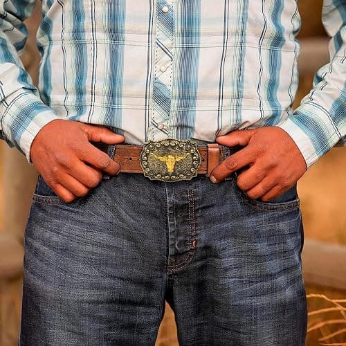 Eohak Mens-Western-Cowboy-Belt - Longhorn-Bull-Pattern-Buckle-Belt Floral-Engraved-Buckle-Belt Fit 25" to 38" Waist thumbnail 4
