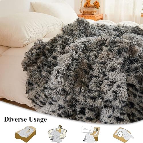 XeGe Luxury Faux Fur Cheetah Print Throw, Soft Leopard Print Fluffy Blanket, Shaggy Plush Decorative Couch Throw, Cute Animal Print Furry Fuzzy Single Blanket for Sofa Bed Chair Office, Grey thumbnail 3