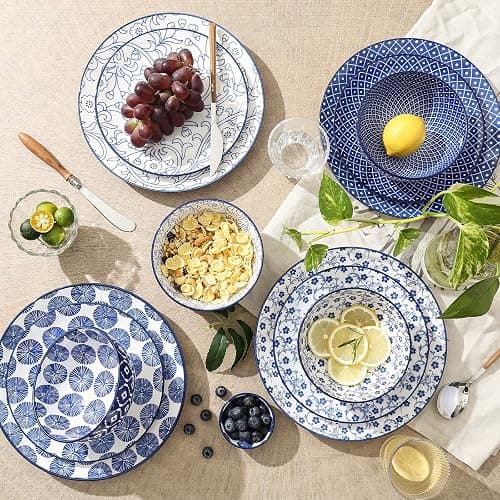 Selamica Ceramic Dinnerware Sets, 12-Pieces Plates and Bowls Sets, Scratch Resistant Dishes set for 4, Dishwasher & Microwave Safe,Vintage Blue - Vintage Blue - 12 Pieces thumbnail 2