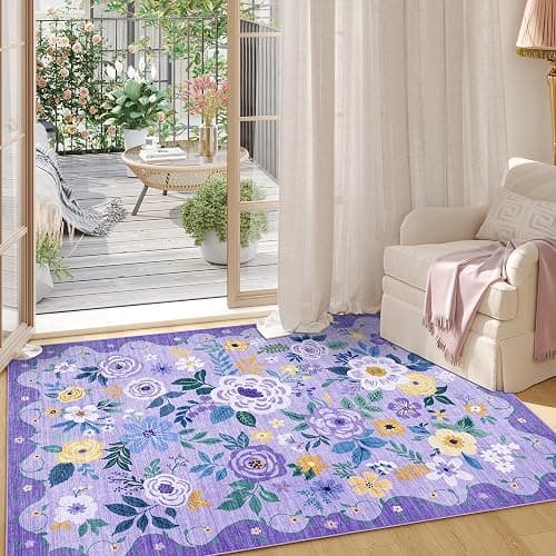 DUKINO 2x3 Rugs for Entryway, Floral Indoor Washable Door Mat, Non Slip Boho Small Rug for Kitchen, Soft Low Pile Front Door Throw Rug for Entrance, Bedroom, Kitchen, Laundry, Bathroom, Purple thumbnail 3