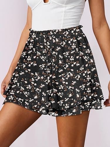 Caracilia Skorts for Women Boho Casual Beach Mini Skirts Summer Floral Ruffle Chiffon Flowy Shorts 2025 Trendy Outfits - Black Beige Floral - Small thumbnail 5