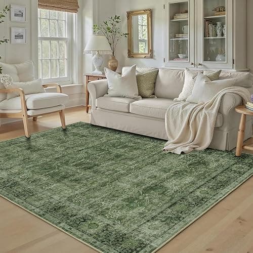 5x7 Green Washable Rug for Living Room Vintage Distressed Bedroom Rug | Large Low Pile Non-Slip Soft Boho Carpets for Bedroom Dining Room Office Indoor Nursery thumbnail 2