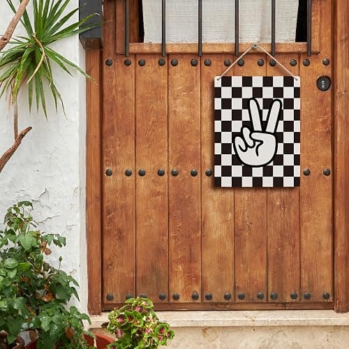 FUGWN Black and White Checkered Peace Sign Hanging Wooden Signs 8x10, Black Preppy Checkerboard Decor for Home Girls Boys Room Dorm, Preppy Checkered Home Decor Gifts for Teen Girls Boys Women thumbnail 4