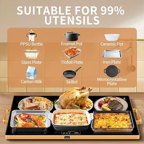 Electric Warming Tray (XXL 32”x18”)，Food Warmers for Parties Buffet with Thermostat & Full Surface Heating, Tempered Glass Warming Mat for Food, Temperature Adjustable Gold Handles Food Warming Mat thumbnail 5