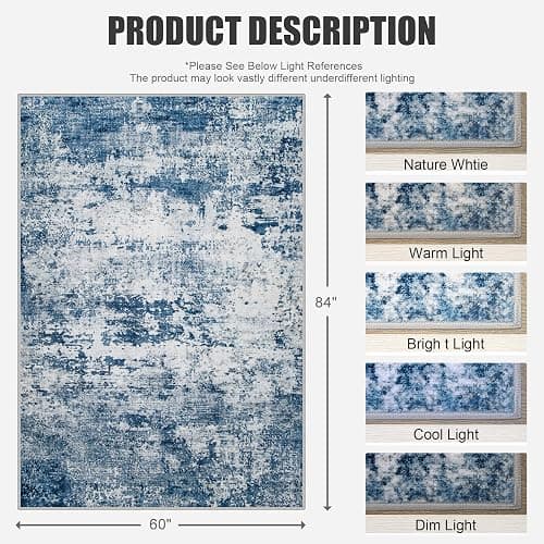 5x7 Area Rug Living Room Rug: Washable Modern Abstract Soft Thin Rug Indoor Floor No Slip Stain Resistant Carpet for Bedroom Dining Room Farmhouse Nursery Home Office - Blue thumbnail 2