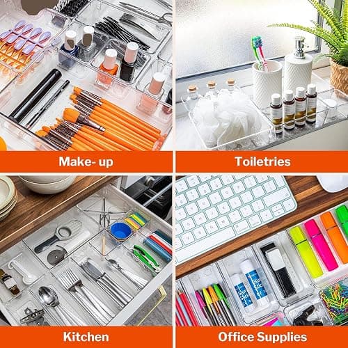 Stackzy Drawer Organiser Set – Makeup Organiser Tray for Drawers – Clear Cosmetics Container Tray for Bedroom – Utensil Cutlery Set Divider – Kitchen Storage & Organisation – 16pack thumbnail 6