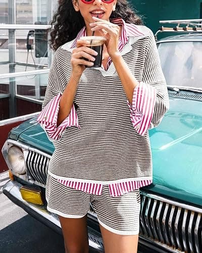 Tankaneo Womens Sweater Set 2 Piece Outfits 3/4 Sleeve Tops Shorts Lounge | Knit V Neck High Waisted Oversized Sets thumbnail 5