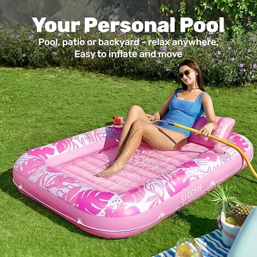 SLOOSH Inflatable Tanning Pool Lounger Float, 70" x 46" Pool Floats Adult with Pillow, 4 in 1 Suntan Tub Raft Floatie,Sunbathing Bed Lounge for Water Blow Up Kids Ball Pit Party Gifts, L-Hot Pink thumbnail 3