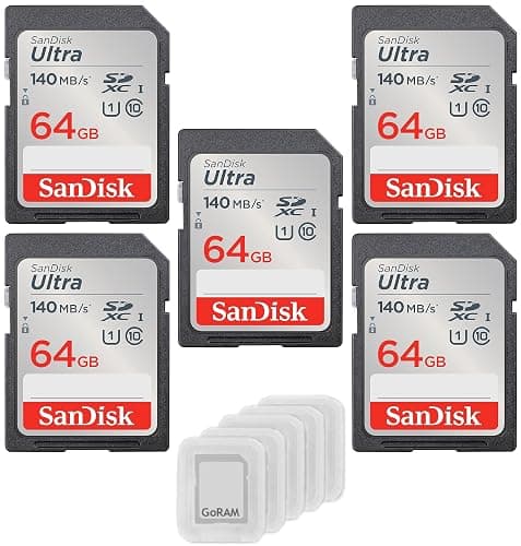 SanDisk 64GB Ultra SDXC UHS-I Class 10 Memory Card 140MB/s U1, Full HD, SD Camera Card SDSDUNB-064G (5 Pack) Bundle with (5) GoRAM Plastic Cases - Image 1