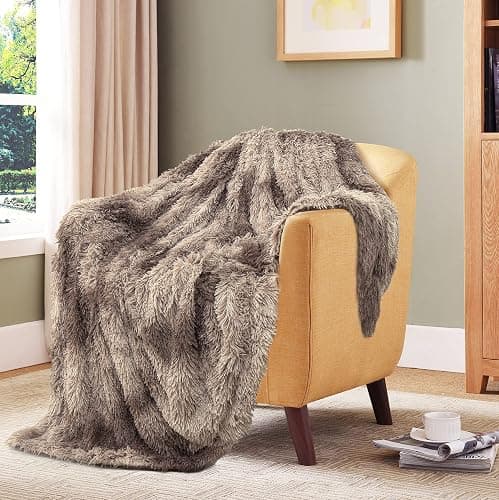 Tuddrom Decorative Extra Soft Faux Fur Blanket Queen Size 80" x 90", Solid Reversible Fuzzy Long Hair Shaggy, Fluffy Plush Fleece Comfy Microfiber Fur for Couch, Sofa, Bed, Tie Dye Brown thumbnail 8