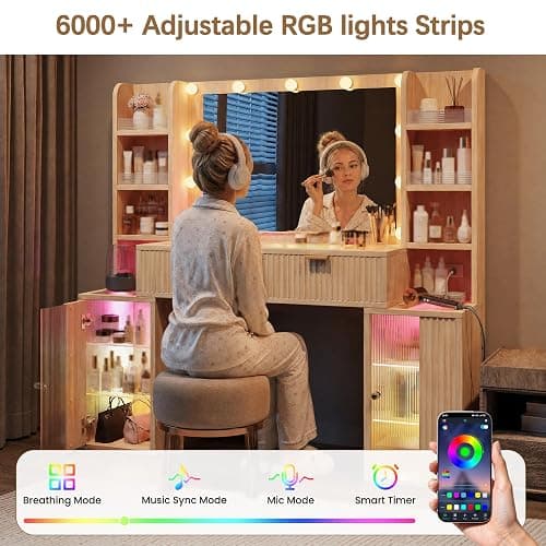56'' Fluted Wooden Vanity with RGB Hollywood Lights & 36" HD Mirror -Oak | Big Vanity with Glass Top, Drawers, 16 Storage Area, Boho Makeup Vanity With Charging Station for Girls, Women , Bedroom -Oak thumbnail 6