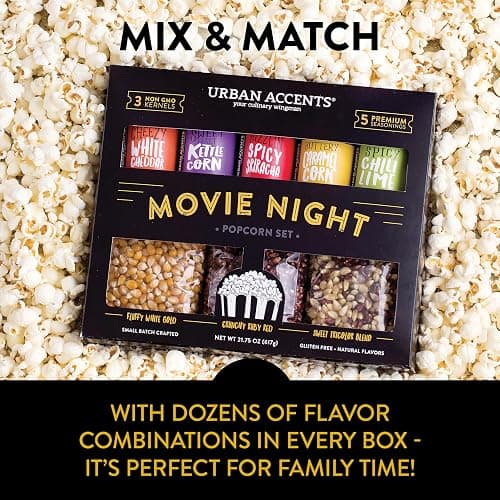 Urban Accents Movie Night Popcorn Gift Set – Includes 3 Gourmet Popcorn Kernel Varieties & 5 Flavorful Seasonings – Perfect Snack Gift Box for Parties, Holidays, or Movie Lovers thumbnail 7