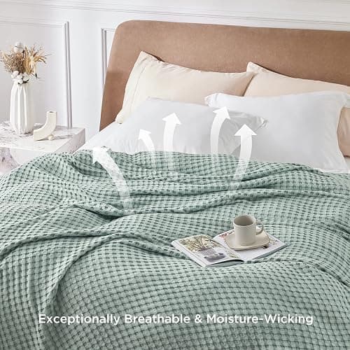 Bedsure Cooling Cotton Waffle King Size Blanket - Lightweight Breathable Blanket of Rayon Derived from Bamboo for Hot Sleepers, Luxury Throws for Bed, Couch and Sofa, Sage Green, 104x90 Inches thumbnail 8