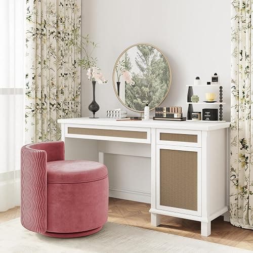 allamazing 360° Swivel Accent Chair with Storage, Vanity Stool with Back, Velvet Storage Ottoman, Upholstered Round Barrel Vanity Chair for Living Room, Makeup Room, Bedroom (Dusty Rose) thumbnail 2