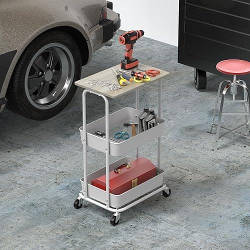 Simple Houseware 2-Tier Rolling Utility Cart with Lockable Wheels and Wood Top, Metal Storage Organizer Trolley for Kitchen, Bathroom, Office, Craft Room, Maple thumbnail 6