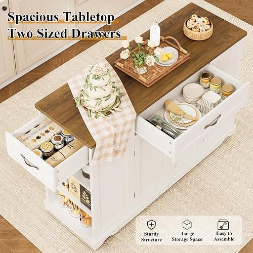 HOSTACK Kitchen Island Cart with Storage, 47'' Kitchen Storage Island on Wheels with 2 Drawers, Rolling Island Table with Adjustable Shelves, Mobile Buffet Sideboard Cabinet for Dining Room, White thumbnail 7