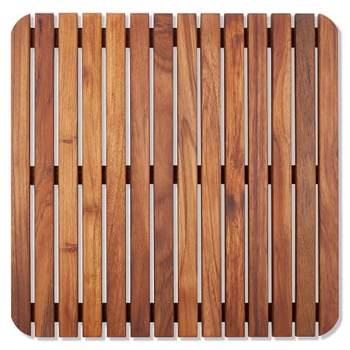 Nordic Style Premium Teak Shower + Bath Mat for Indoor + Outdoor Use | Non-Slip Wooden Platform for Spa, Sauna, Shower, Pool, Bath, Hot Tub | Flooring Decor and Protector (Oiled Finish, 19.6" x 19.6") - Image 1