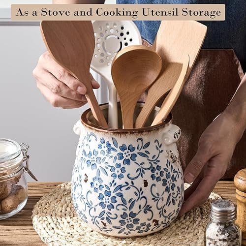 Utensil Holder for Kitchen Counter, Modern Farmhouse Rustic Cooking Utensil Holder and Crock, Exquisite Chinoiserie Floral Ceramic Utensil Organizer for Home Kitchen Decor- Blue and White Porcelain thumbnail 5