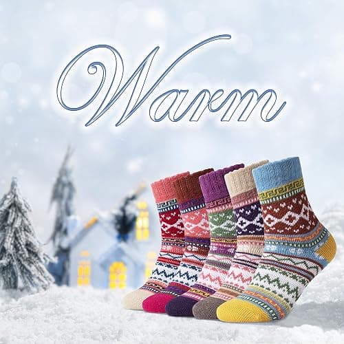 ICEIVY Womens Socks 5 Pairs Wool Warm Cotton Thick Vintage Casual Winter Cabin Crew Fuzzy Socks Gifts For Women thumbnail 5