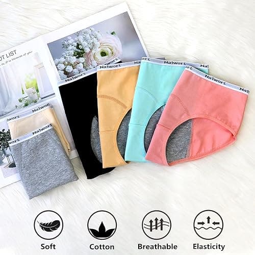 Nalwort Teen Girls Period Underwear Menstrual Period Panties Leak-Proof Cotton Protective Briefs Pack of 6 - 12-14 Years - Multicolor-1 thumbnail 5