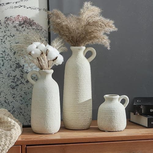 Ceramic Vase Set of 3 with Handle, Neutral Rustic Vases Home Decor Farmhouse Decorative Vase Whitewashed Pottery Decor Modern for Table Mantel Entryway Bookshelf Living Room Kitchen Bedroom - White thumbnail 7