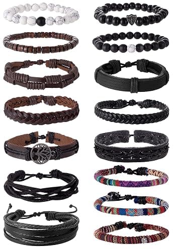 Tornito 15Pcs Braided Leather Bracelet Boho Cuff Wrap String Wood Bead Woven Ethnic Stretch Wristbands Bracelets Set for Men Women Size Adjustable - B:15Pcs(Black) - Image 1