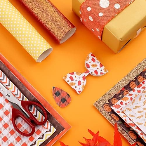Frienda 12 Pcs Thanksgiving Fall Faux Leather Sheets Fall Leaves Pumpkin Feathers Glitter Leather Sheets Autumn Leather Earring Making Kit for Halloween Christmas Holiday DIY Craft, 7.9 x 11.8 Inch thumbnail 5