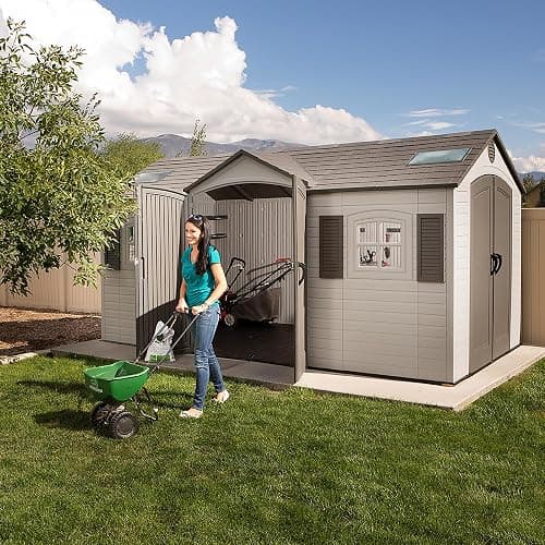 Lifetime 15×8 Ft Dual‑Entry Outdoor Storage Shed, Steel‑Reinforced, UV‑Protected, Weather‑Resistant Backyard Garden Shed with Skylights, Windows & Shelving, Desert Sand thumbnail 8