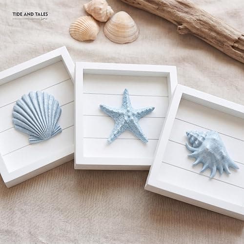 Tide and Tales 3D Coastal Wall Art, Beach Wall Decor, Framed Set of 4, Blue | 7" x 7", Textured 3d Seashells, Wall Decoration for Bathroom, Bedroom or Beach House, Lightweight, Hand Painted, Gift Boxed thumbnail 9