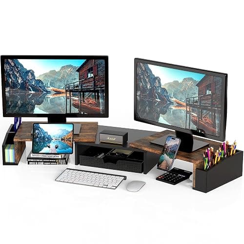 Simple Houseware Desk Dual Monitor Stand Riser with Drawer, Rustic Brown - Image 1